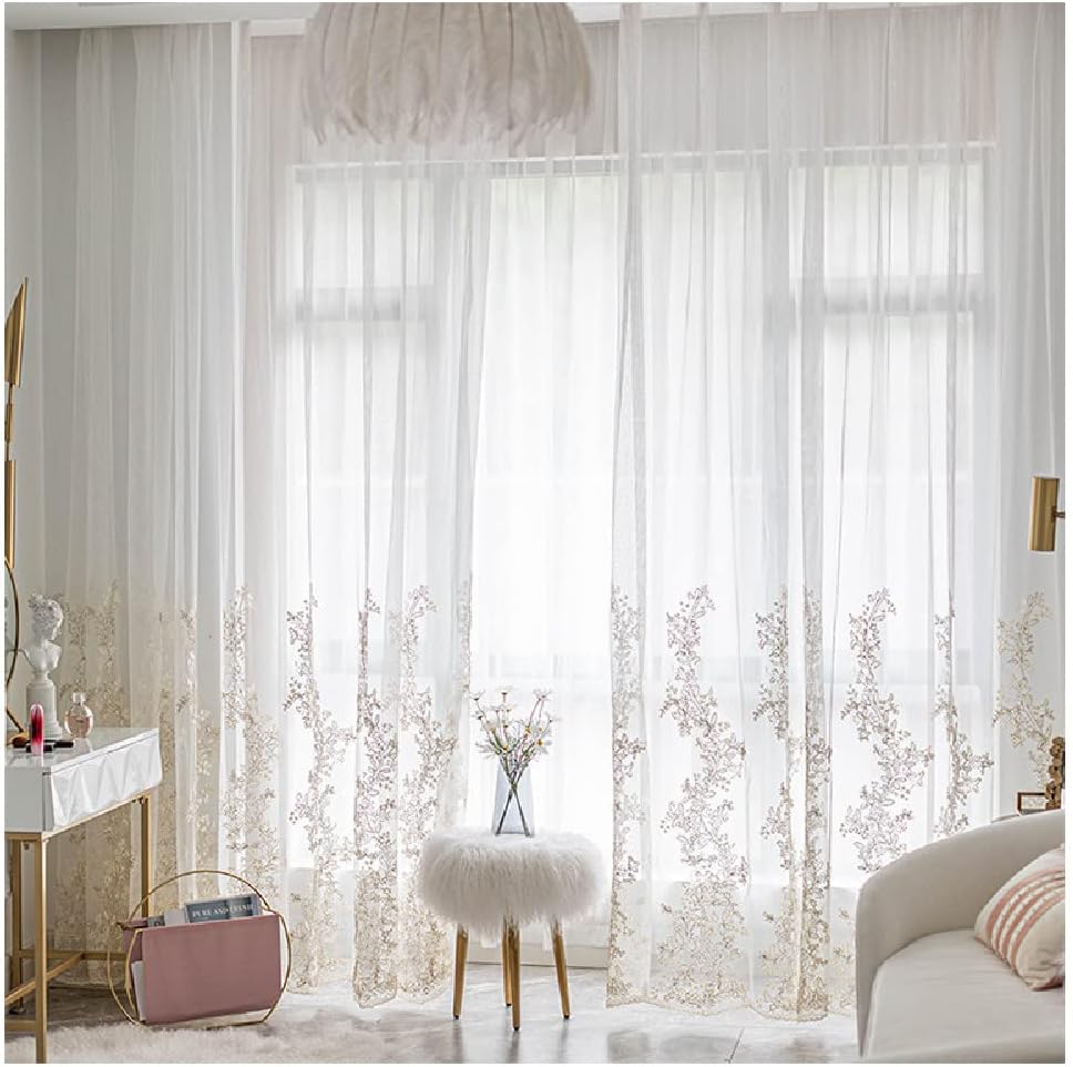 1 Pair Luxury Embroidered Tulle Curtains for Living Room Wedding 3D Gold Flower Sheer Curtains (White,63x96 Inch)