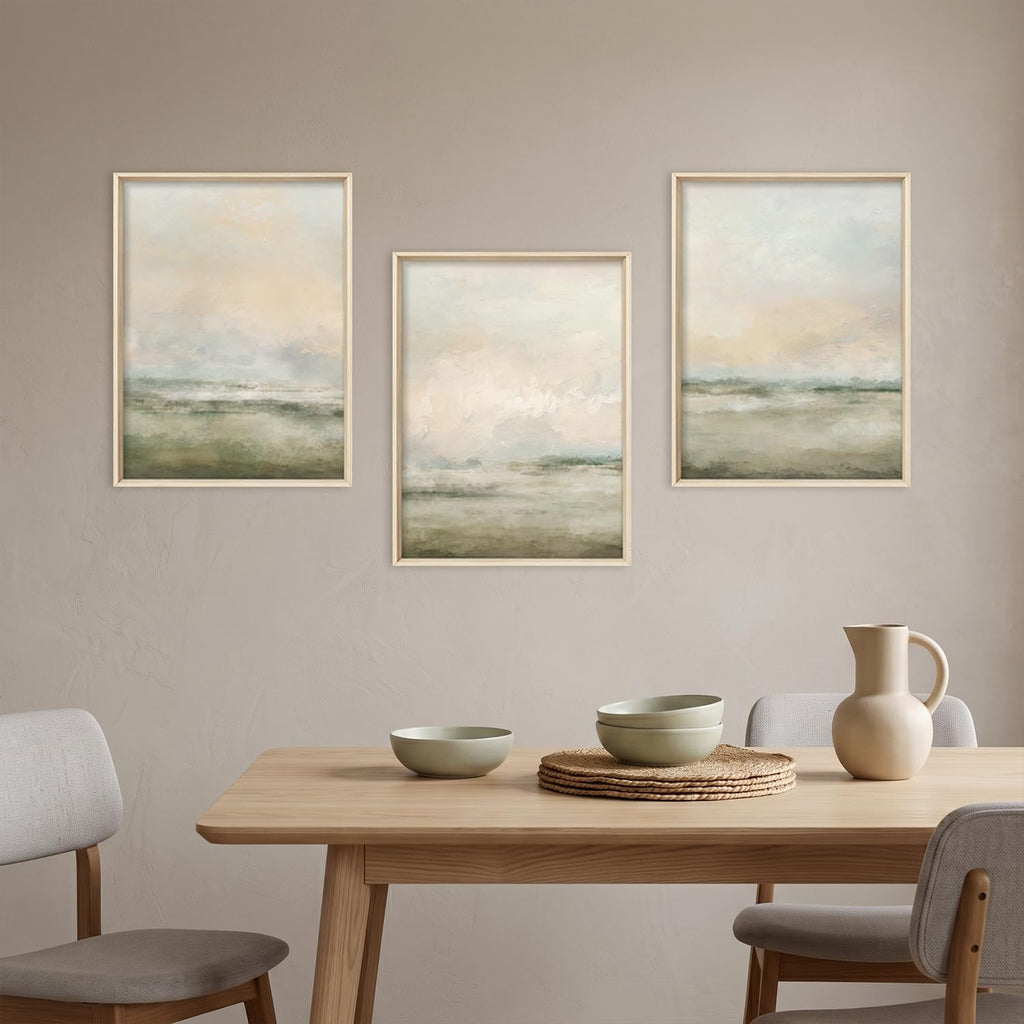 Abstract Beige Green Landscape Framed Canvas Wall Art Set- 12"x16"x3