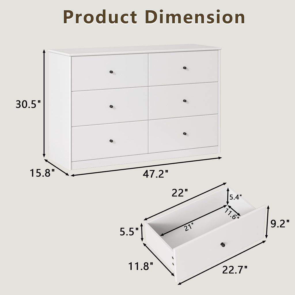 6 Drawer, 47.2" Wide, White