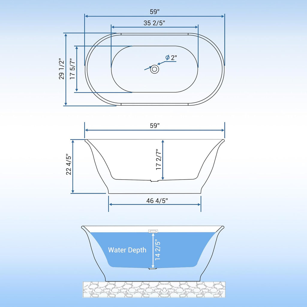 59 inch Acrylic Oval Rim Freestanding Bathtub, Full White, Comfort Soaking Tub for Home Spa & Muscle Recovery, Pop-Up