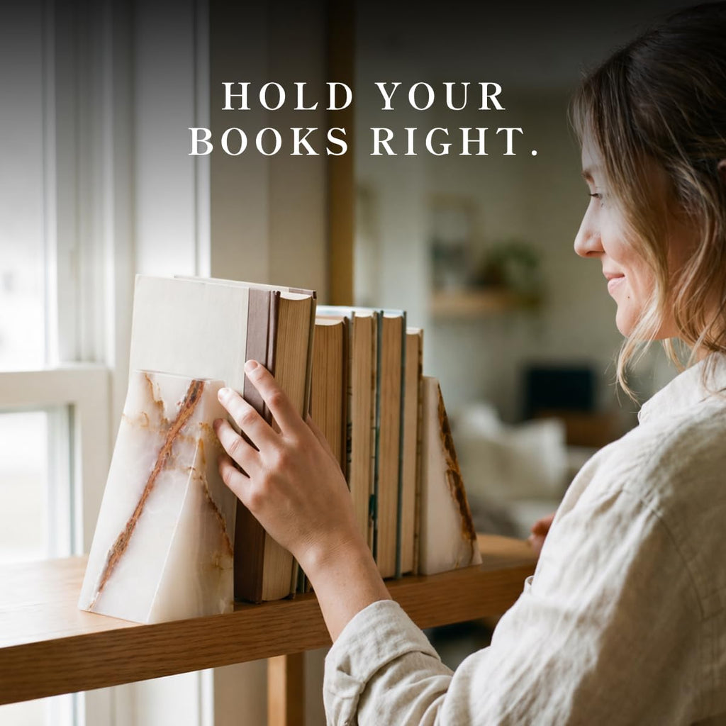 White Triangular Onyx Marble Bookends - Heavy-Duty Wedge Design, Modern Office and Bookshelf Organizer