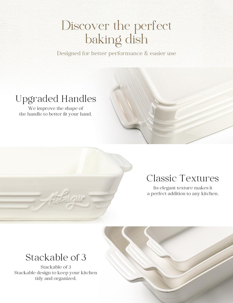 Ceramic Baking Dish Set, 3-Piece Casserole Dishes for Oven, Rectangular Baking Pans, Deep Lasagna Pans with Handles