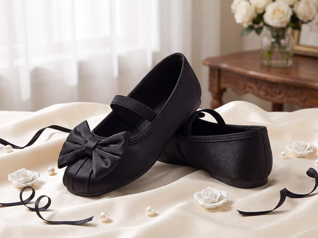 Girls Dress Shoes Bow Ballet Flats Satin Square Toe Mary Jane Shoes