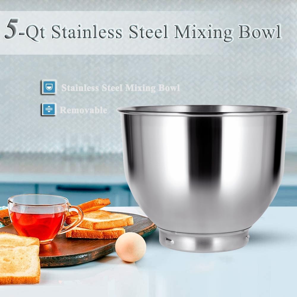 Stand Mixer 5-QT, 6+P Speed Tilt-Head Food Mixer 300W Dough Mixer with Stainless Steel Bowl,Dough Hook,Flat