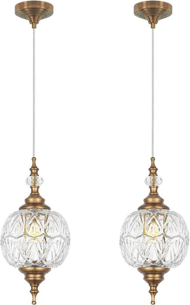 Vintage Pendant Lights Kitchen Island Set of 2, Brass Bathroom Pendant Light with Small Detachable Glass, Modern