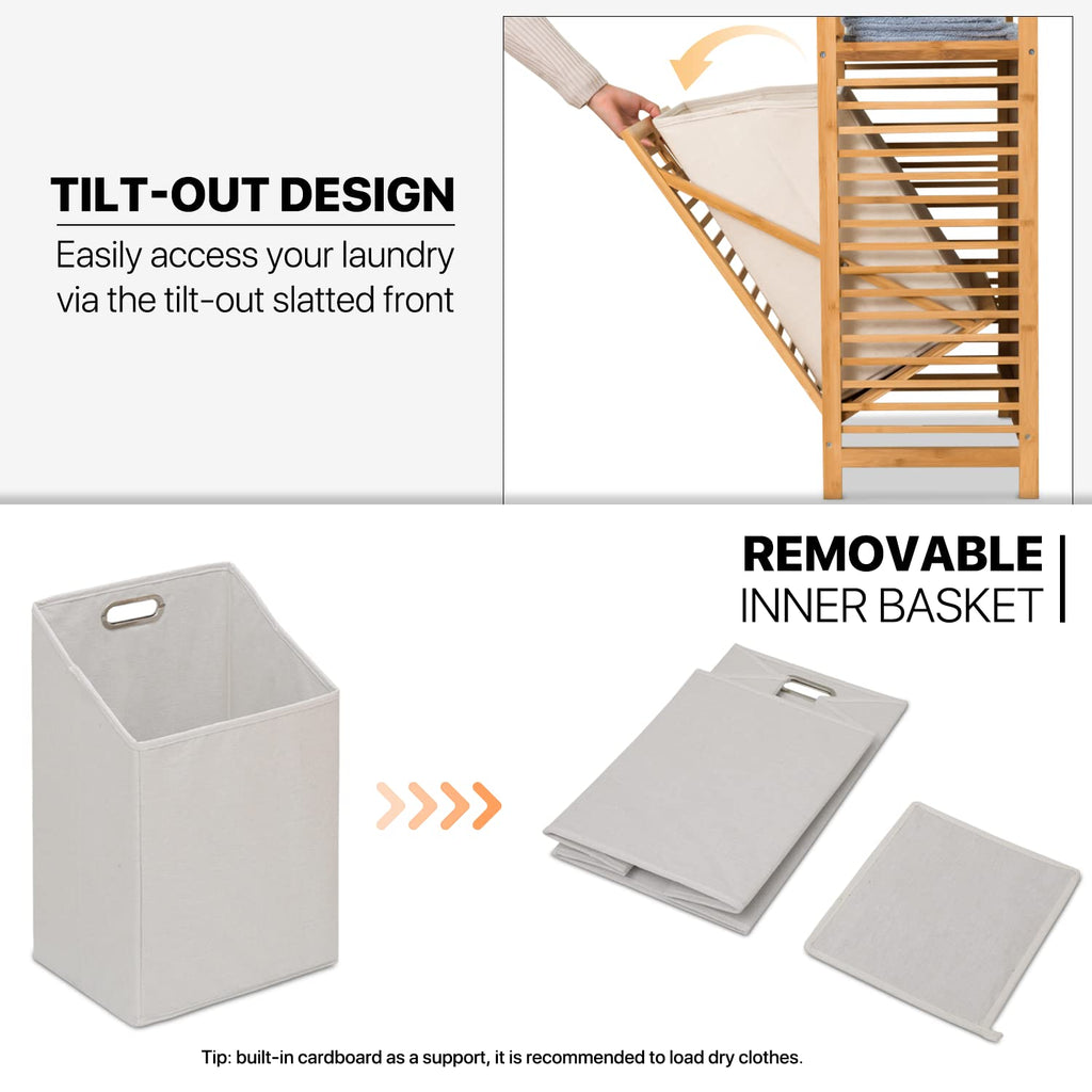 Tilt-Out Hamper for Laundry 3-Tier Bamboo Pull-Out Laundry Hamper Floor Stand Bathroom Storage Shelf Cabinet, 46.5"