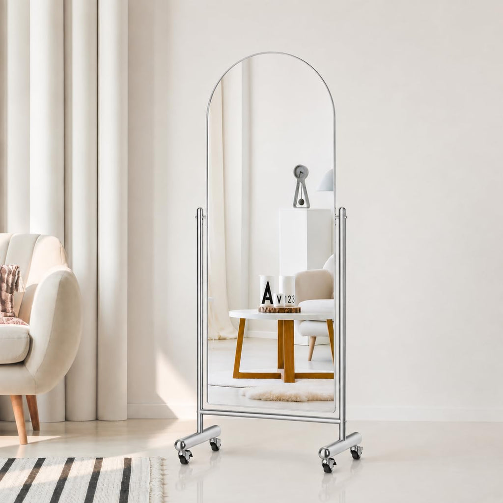 Arched Full Length Mirror with Wheels 65" x 24", Adjustable Tilt Floor Mirror, Tempered Glass Standing Mirror with
