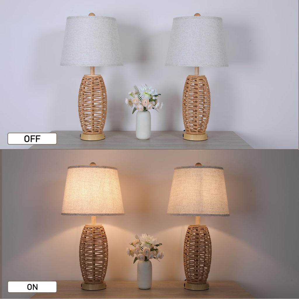 27" Rattan Table Lamps Set of 2, Touch Switch Nightstand Bedside Lamps with 2 USB Ports, Oatmeal Lampshade Wicker