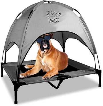Just Chillin' Elevated Dog Bed. Cool Cot with Removable Canopy Shade. Indoor or Outdoor Pet Use. Lightweight