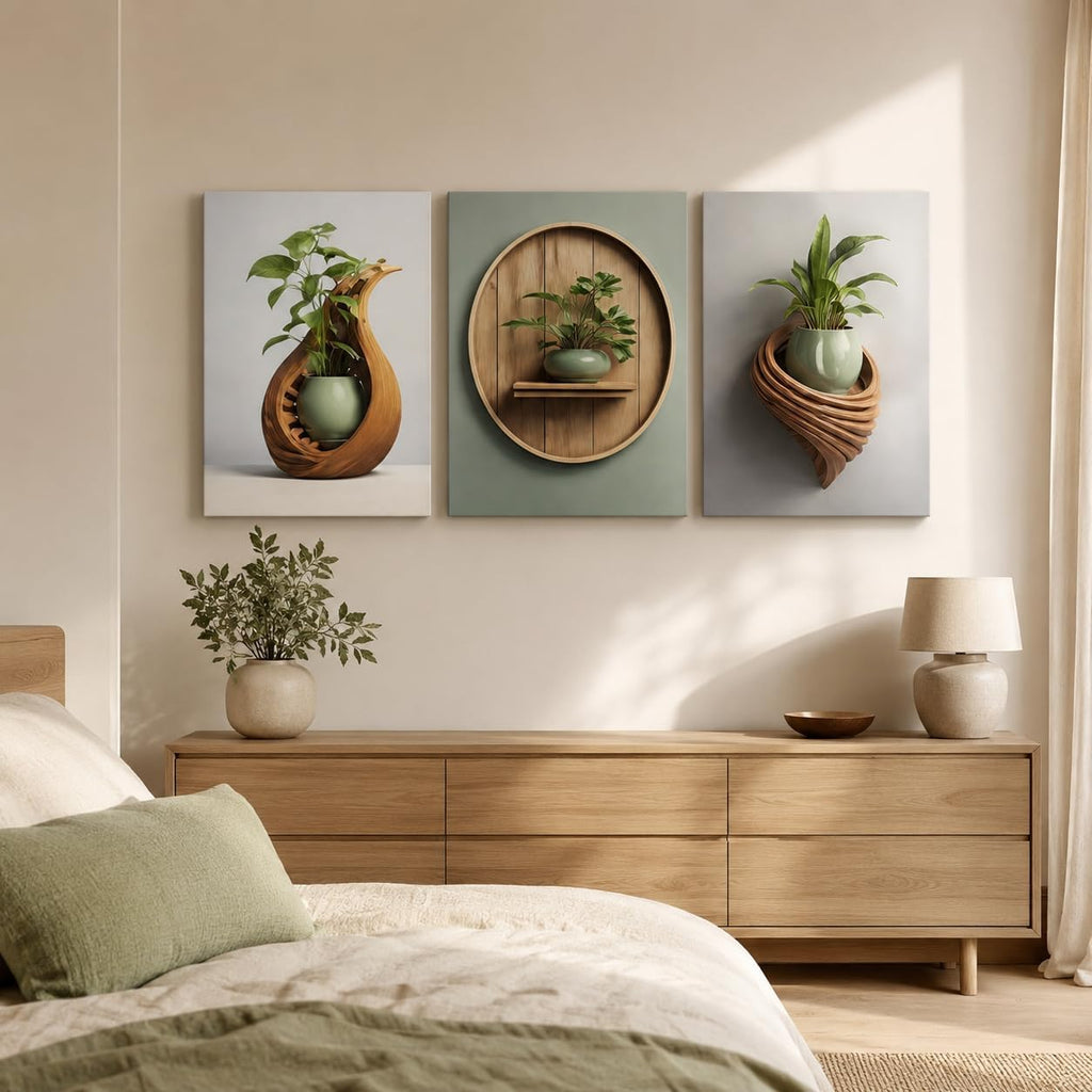 3 Piece Wall Art 16 x 20 Inches, Framed Canvas Set, Modern Botanical Vase Wall Decor Bedroom Office Hallway, Neutral