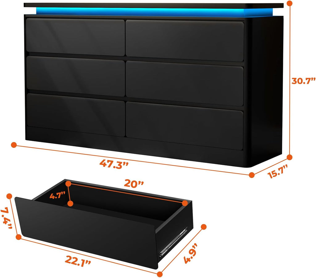 6 Drawer Dresser , 47.2" Black Chest of Drawers w/LED Lights | Double Wooden Closet Storage Cabinet with Charging