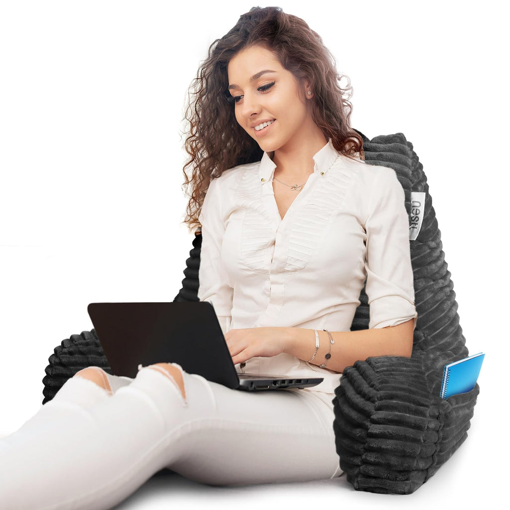 Reading Pillow with Shredded Memory Foam, Luxe Cut Plush Back Pillow for Sitting Up in Bed, Back and Arms Adjustable