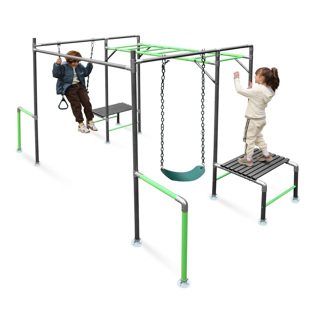 Outdoor Jungle Gym with Monkey Bars Frame, Climbing Set, Trapeze Swing Bar, Belt Swing, Kids Gymnastics Bars