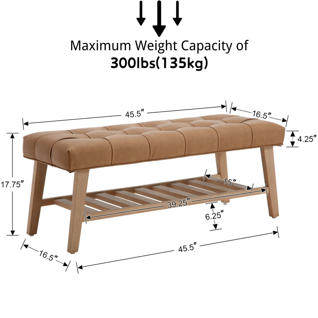 Entryway Shoe Bench Storage Benches with Upholstered Button Tufted Seat and Open Slatted Shelf PU Leather Ottoman