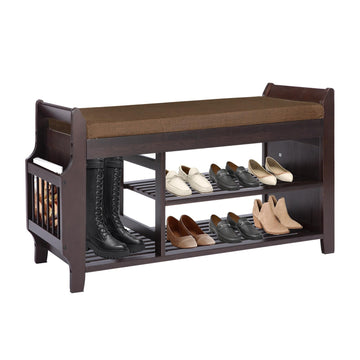 39-Inch Bamboo Shoe Bench, 2-Tier Shoe Rack with Padded Cushion