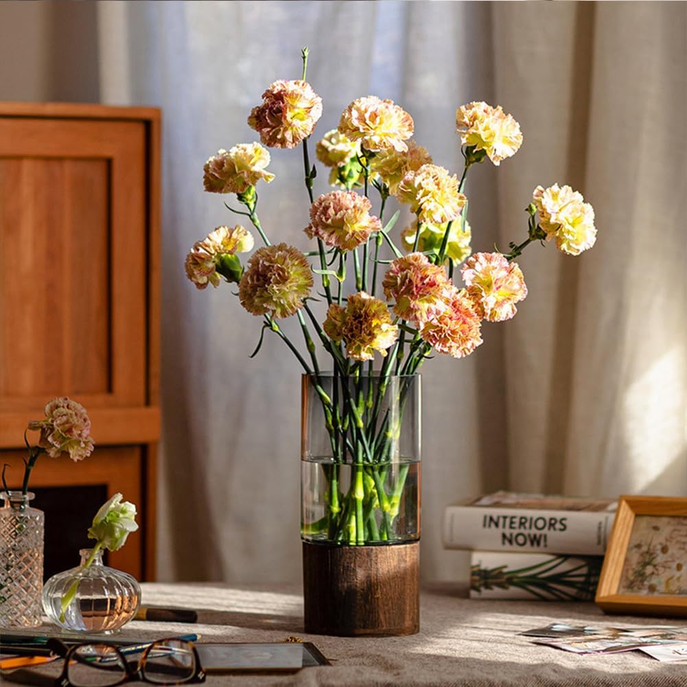 Artistic Wood Glass Vase, 10" H, Wooden Base Cylindrical Flower Vase, Classic Boho Rustic Style for Fireplace