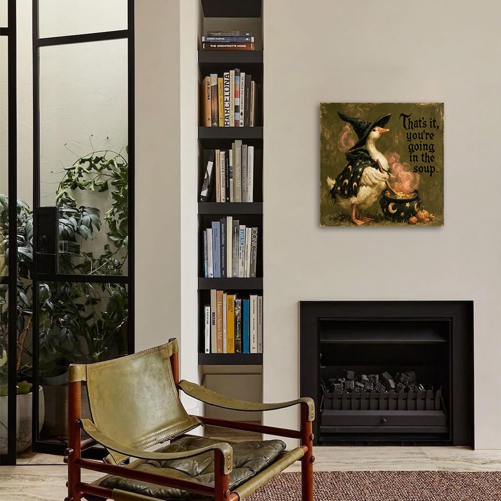 Vintage Witch Goose Wall Art- Funny Halloween Gothic Sign Canvas Pictures with Cauldron and Pumpkins Dining Room