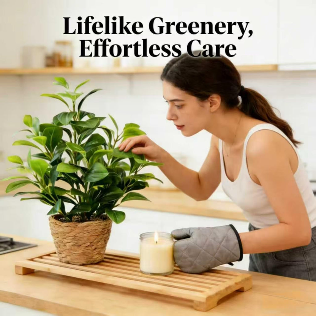 16 inch Boho Artificial Peperomia Potted Plant in Woven Basket Planter Lifelike Two Tone Green Leaves Faux Indoor