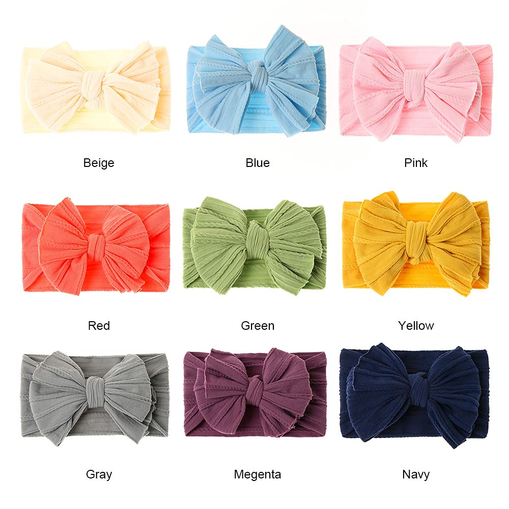 Baby Big Hair Bow Head Wrap, Turban Knotted Knitted Headbands, Soft Silk Stretchy Hair Bands 9PCS for Newborn Infant