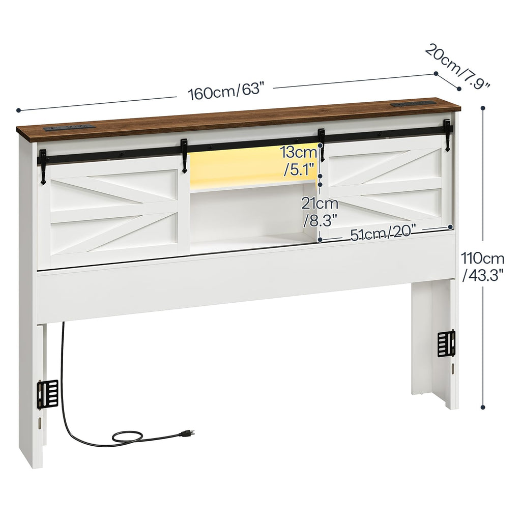 Queen Headboard with Storage Shelf, Farmhouse Queen Headboard Only with Charging Station & LED Lights, Bookcase