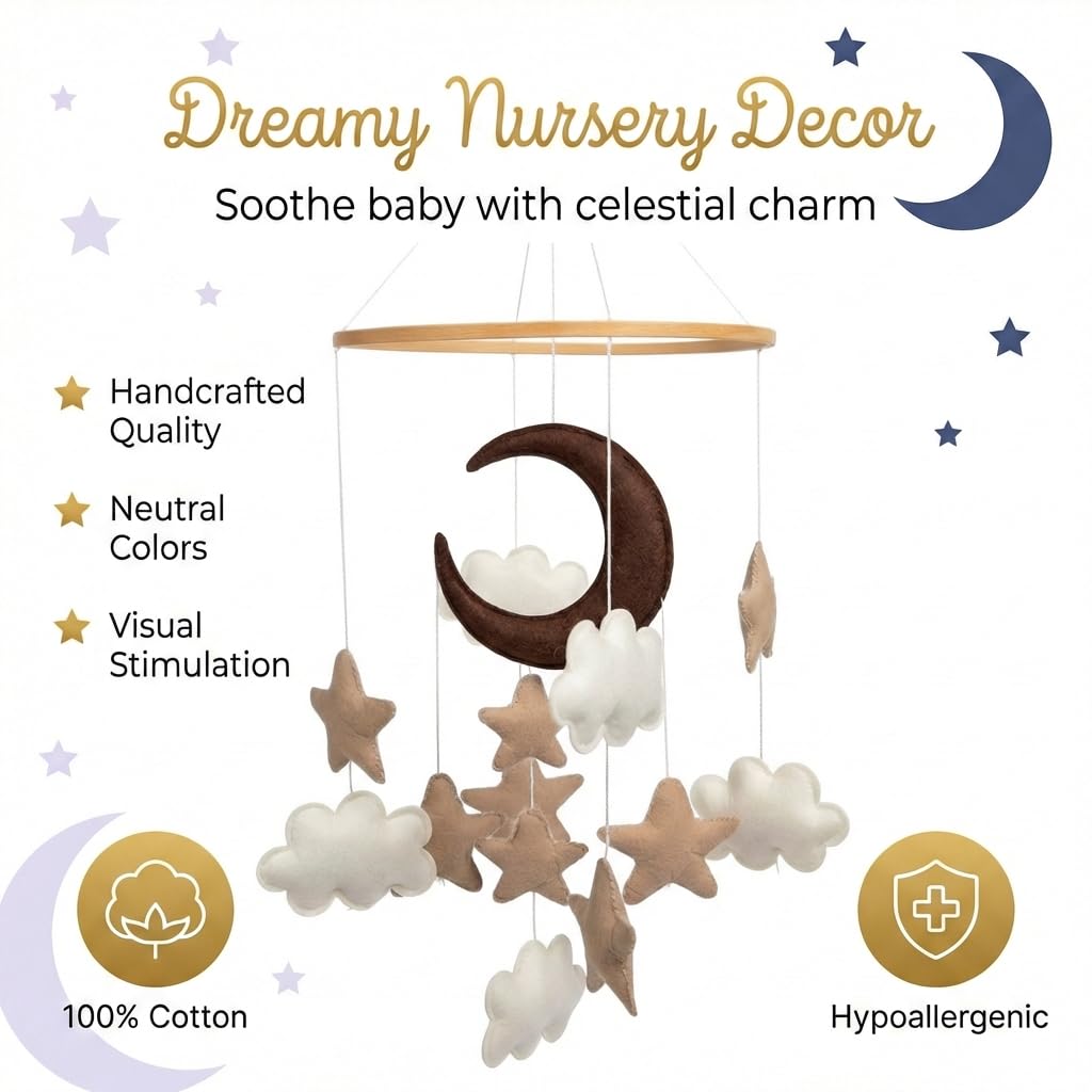 Baby Mobile for Crib - Modern Boho Cloud Nursery Decor, Brown & Tan
