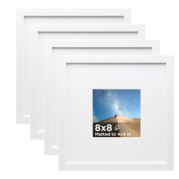 8x8 Frame White Set of 4 Wooden Square Photo Frames Matted 4x4