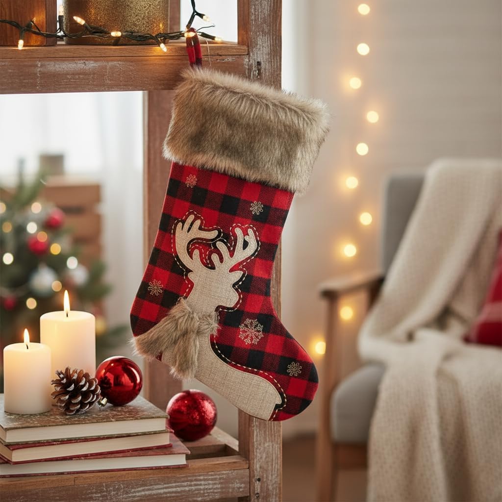 20" Black and Red Plaid Reindeer Christmas Stocking, Rustic Antique Vintage Figurine Style Home Decor, Faux Fur Scarf