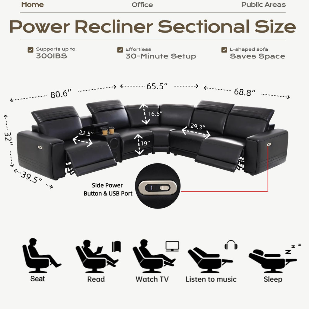Leather Power Reclining Sectional Sofa with Bass Speakers