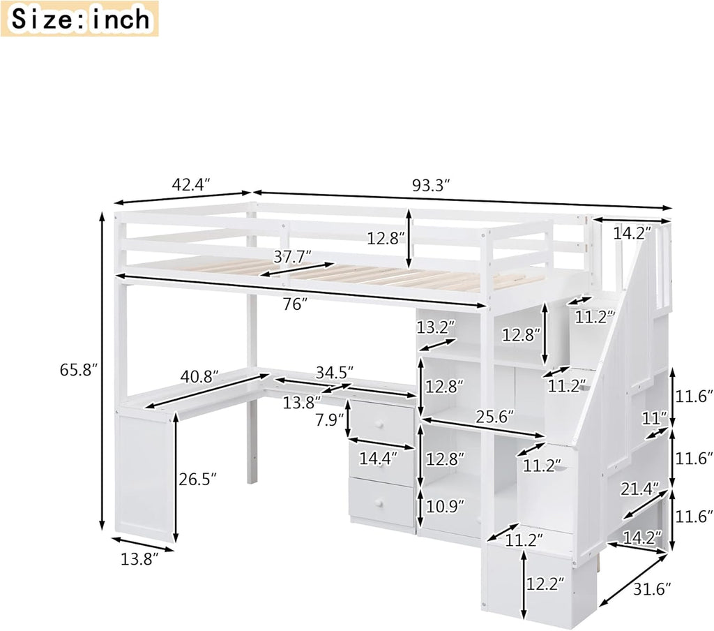 Wood Loft Bed Twin, Multifunctional Twin Bed Frame with L-Shaped Desk and Drawers, Cabinet and Storage Staircase, White