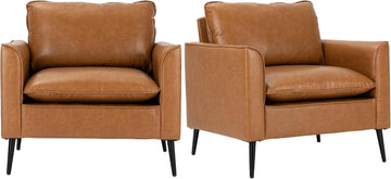 Modern Leather Chair, Oversized Armchair, Mid-Century Accent Reading Chair Comfy, Upholstered Single Sofa - Set of 2