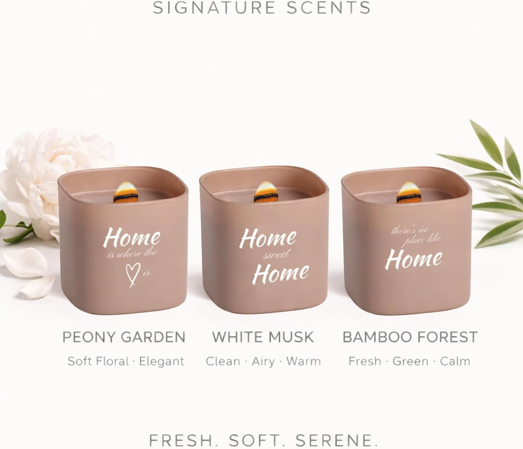Set of 3 Premium Scented Soy Candles Gift Set | Home Collection - White Musk, Bamboo Forest & Peony Garden |