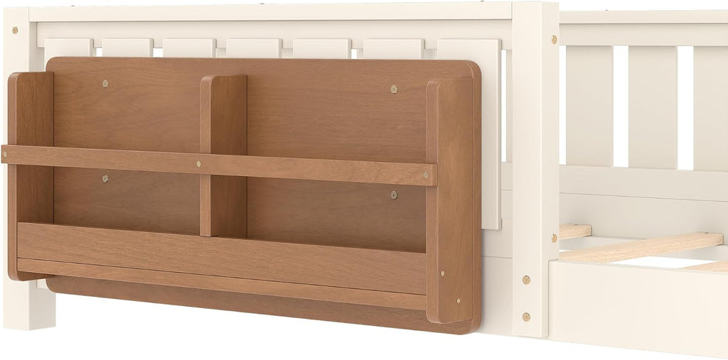 Kids Montessori Floor Bed Frame with Bookshelf and Guardrail, Solid Wood Floor Bed Frame with Slats for