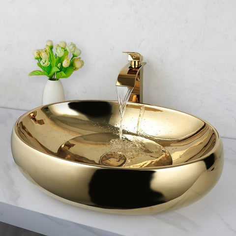 23 Inch Bathroom Vessel Sink with Waterfall Faucet and Pop-Up Drain Combo,Gold Ceramic Sink Bowl Modern Vessel Sink