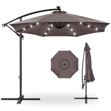 10ft Solar LED Offset Cantilever Hanging Market Patio Umbrella, 8 Sturdy Ribs, Easy Adjustment - Deep Taupe