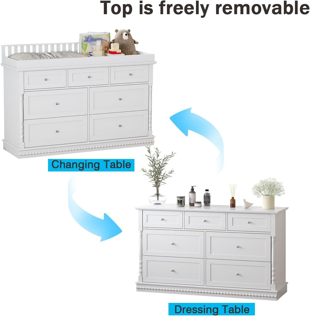 56.5" Baby Changing Table with 7 Storage Drawers, White Nursery Dresser with Removable Changing Top, Large