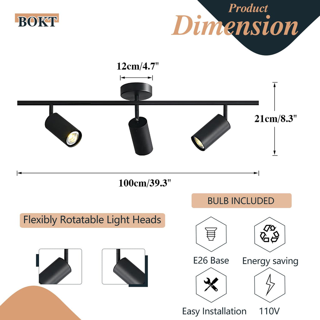 Modern Matte Black 3 Lights Adjustable LED Track Lighting Kits Industrial 3 Ways Flush Mount Ceiling Spotlights