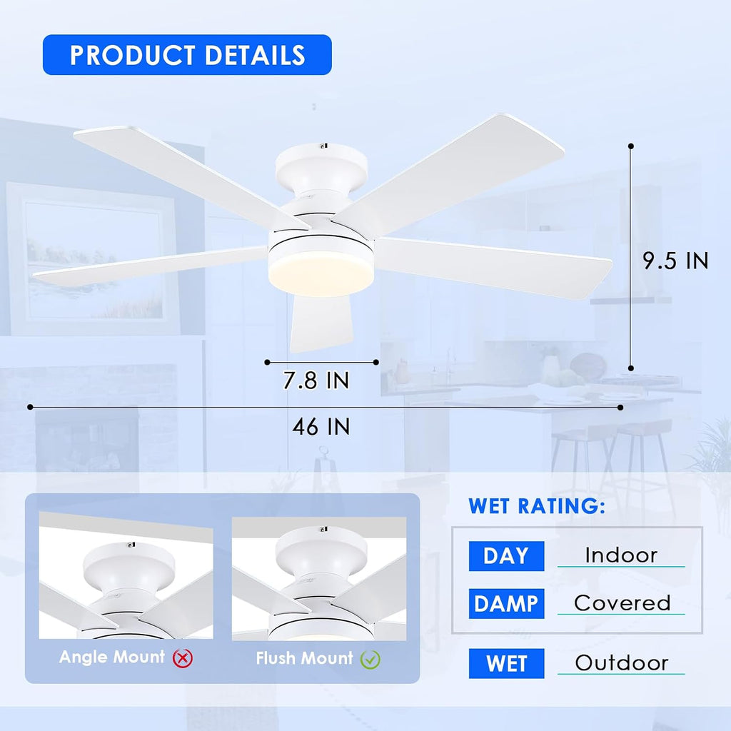 White Ceiling Fans with Lights - 46" Flush Mount Low Profile Ceiling Fan Light with 5 Double-Sided Blades, 6 Speeds 3CCT Reversible Motor, Modern Ceiling Fan for Indoor/Outdoor Patios A101-B0DKDZR3JH