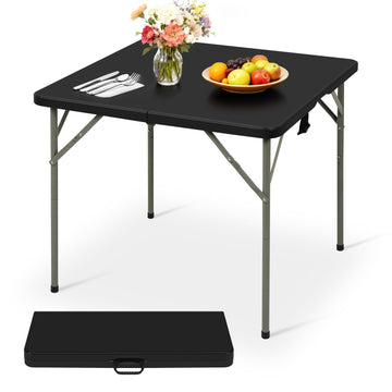 34" Folding Card Table, Heavy Duty Plastic Square Table - Portable Fold-in-Half w/Handle & Lock for Camping, BBQ