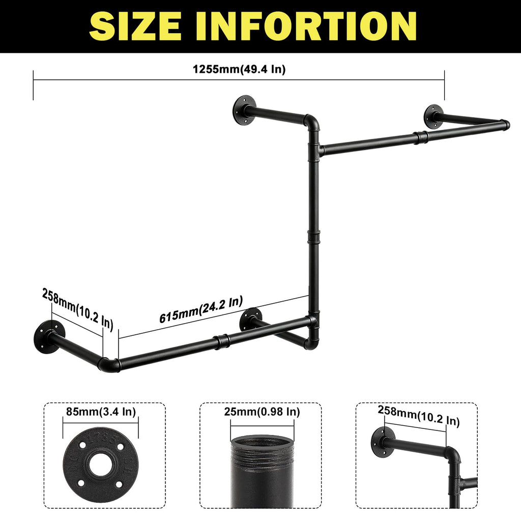 Industrial Pipe Clothes Rack, 50 In Heavy Duty Wall Mounted Garment Rack, DIY Rustic Iron Clothing Bar Closet Laundry