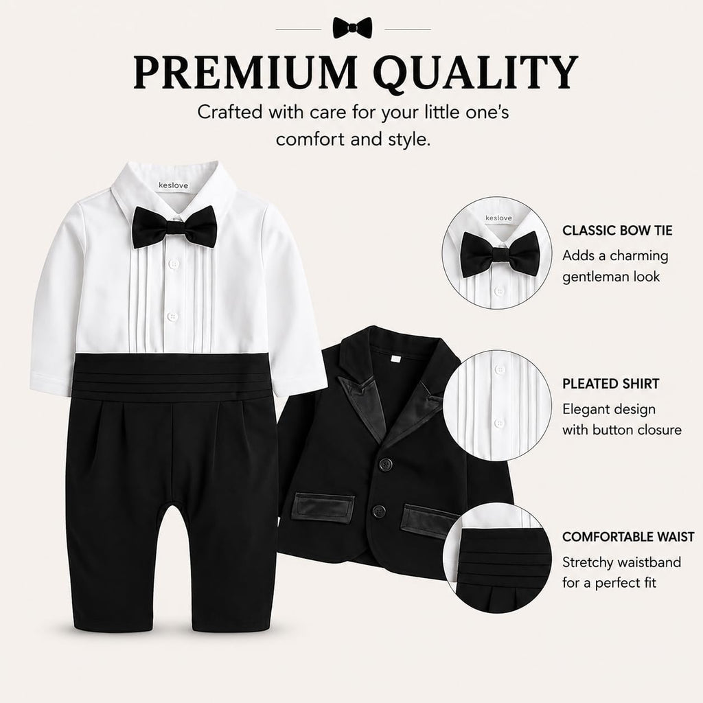 Toddler Boy Formal Tuxedo Outfit Piece Set with Bow Tie & Blazer, Infant Baby Gentleman Suit