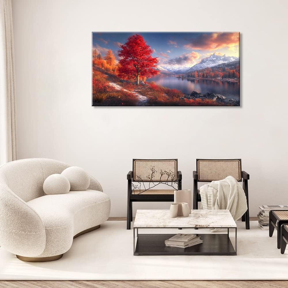 Beautiful Mountain Landscape Wall Art Office Nature Riverside Scenery Red Tree Painting Prints Autumn Scenic Canvas