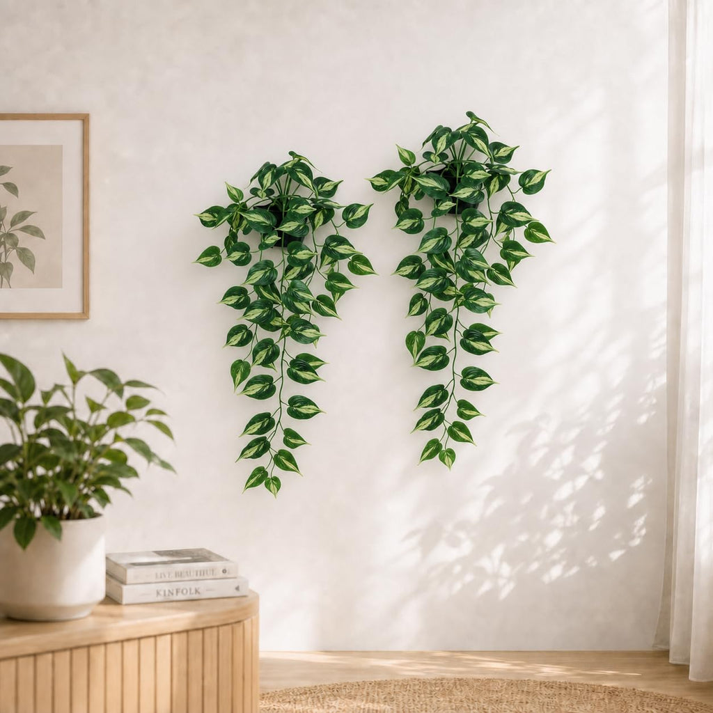 Artificial Pothos Hanging Plants - 2 Pack Silk Ivy Vines with Black Pots, Realistic Fake Greenery for Indoor Home