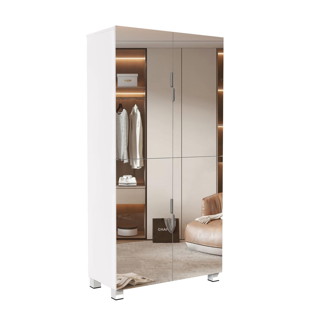Mirror Shoe Cabinet with 4 Mirrored-Door Shoe Storage Cabinet