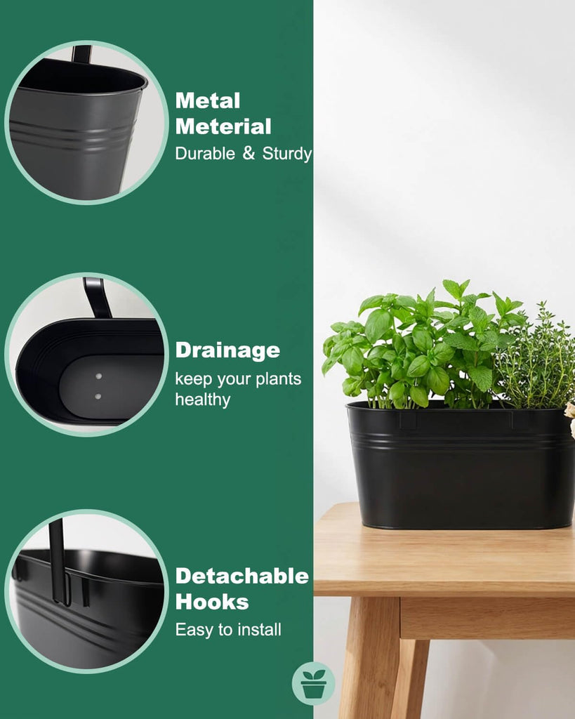 16 Inch Railing Planter Box, 5 Pack Large Metal Hanging Planters with Hooks