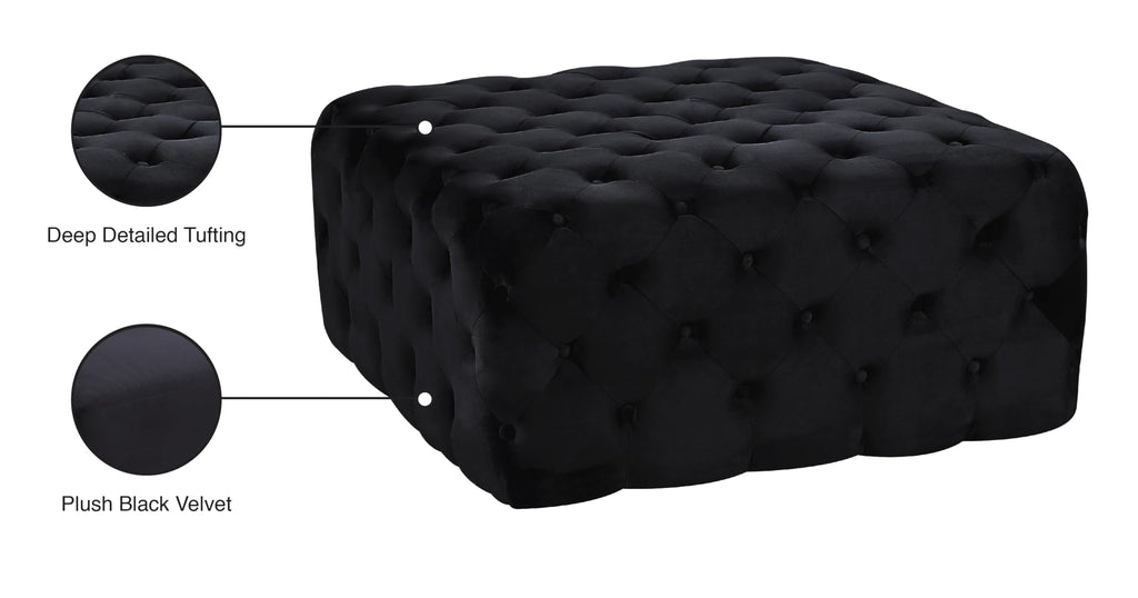 Ariel Collection Modern | Contemporary Black Velvet Upholstered Ottoman/Bench with Deep Button Tufting, Solid Wood