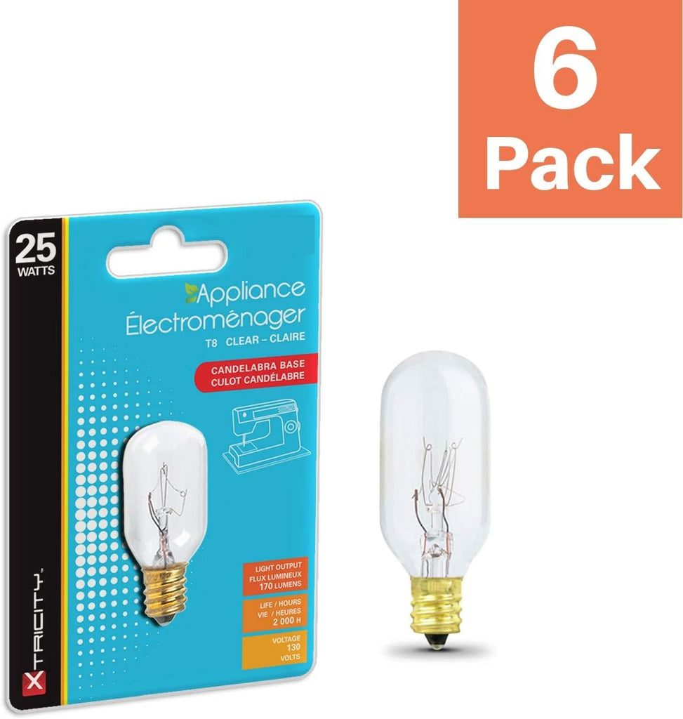 25W Incandescent Appliance and Himalayan Salt Lamp Light Bulb, T8, E12 Candelabra Base, Dimmable, 130V (6 Pack)