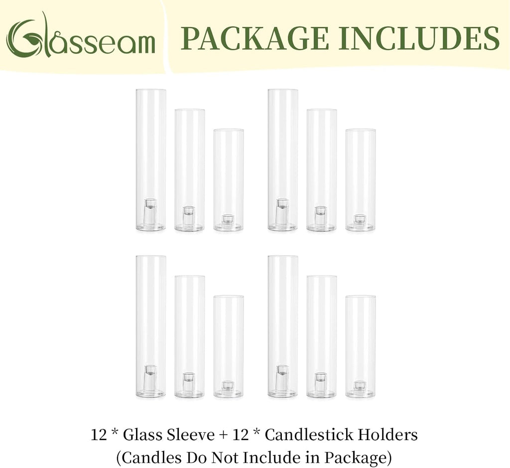 Hurricane Candlestick Holders: 12 Pcs Glass Taper with Cylinder | 2.5mm Thick Glass Sleeves, 9.84''/11.84''/13.78''