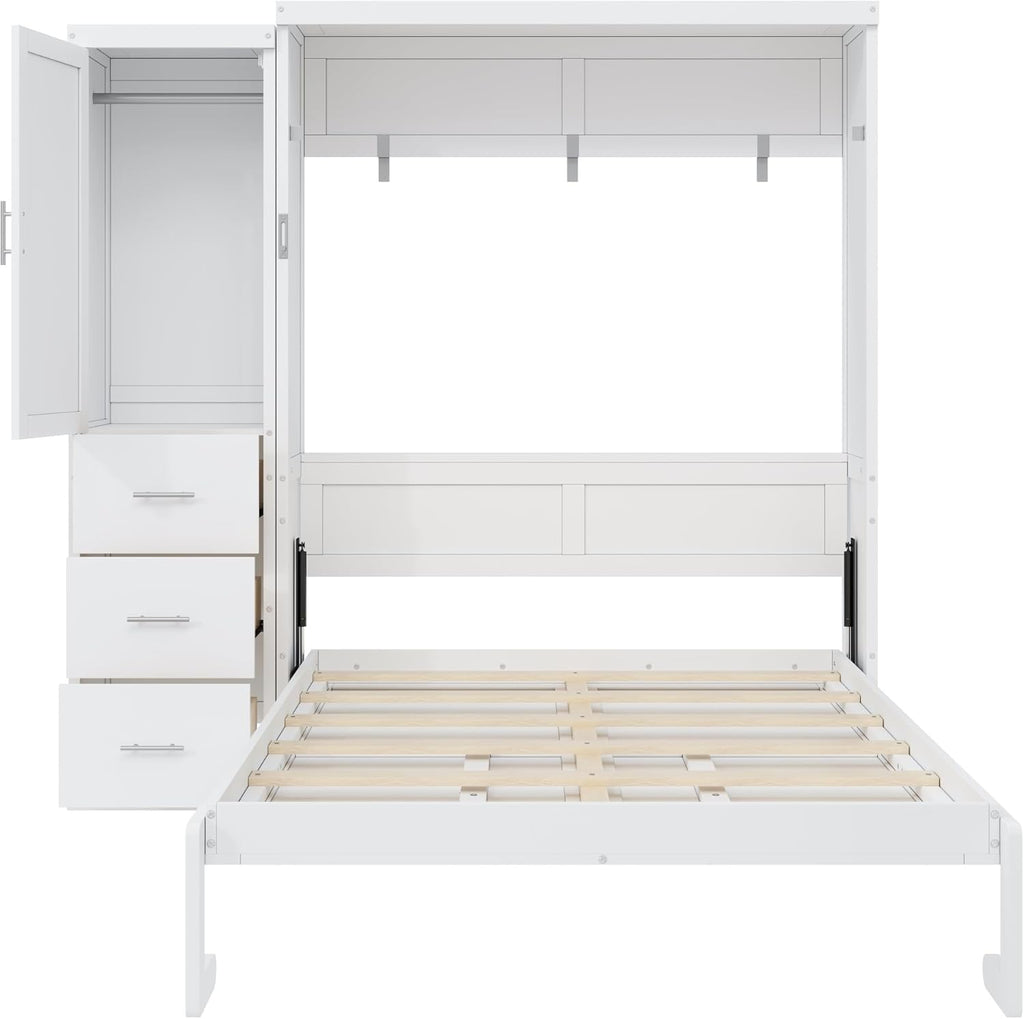 Full Murphy Bed with Drawers and Wardrobe,Multifunctional Foldable Wood Platform Bed Frame for Small Spaces Studio