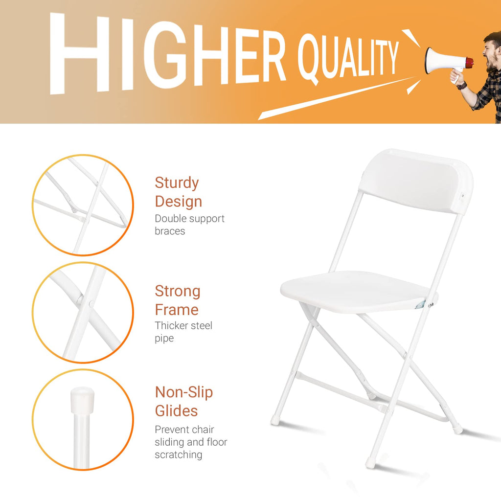 White Folding Chair, Foldable Metal Frame with Solid Plastic Seat, Portable for Event Party Outside Dining Game, 10 Pack