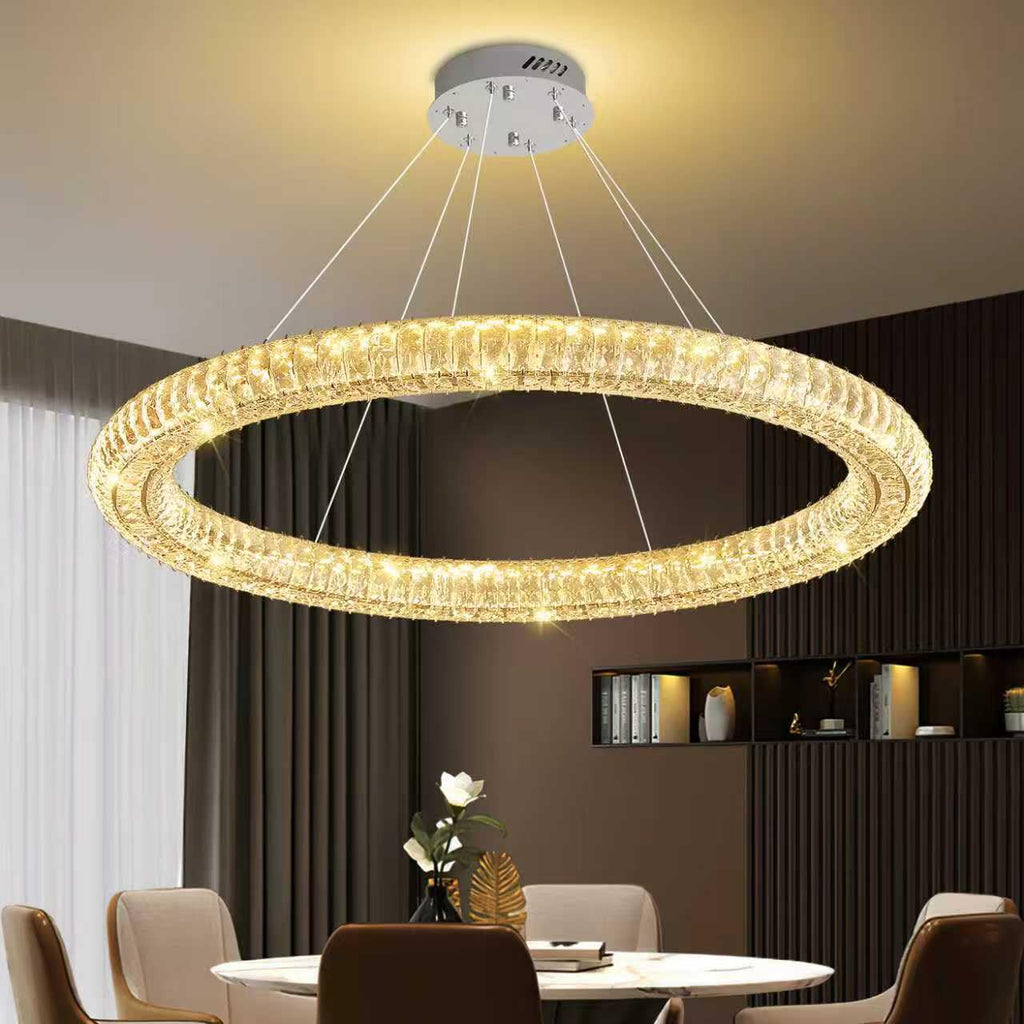 Modern LED Crystal Ring Chandelier Dimmable 47.5" Ring Pendant Light Adjustable Round Crystal Chandelier Light Living
